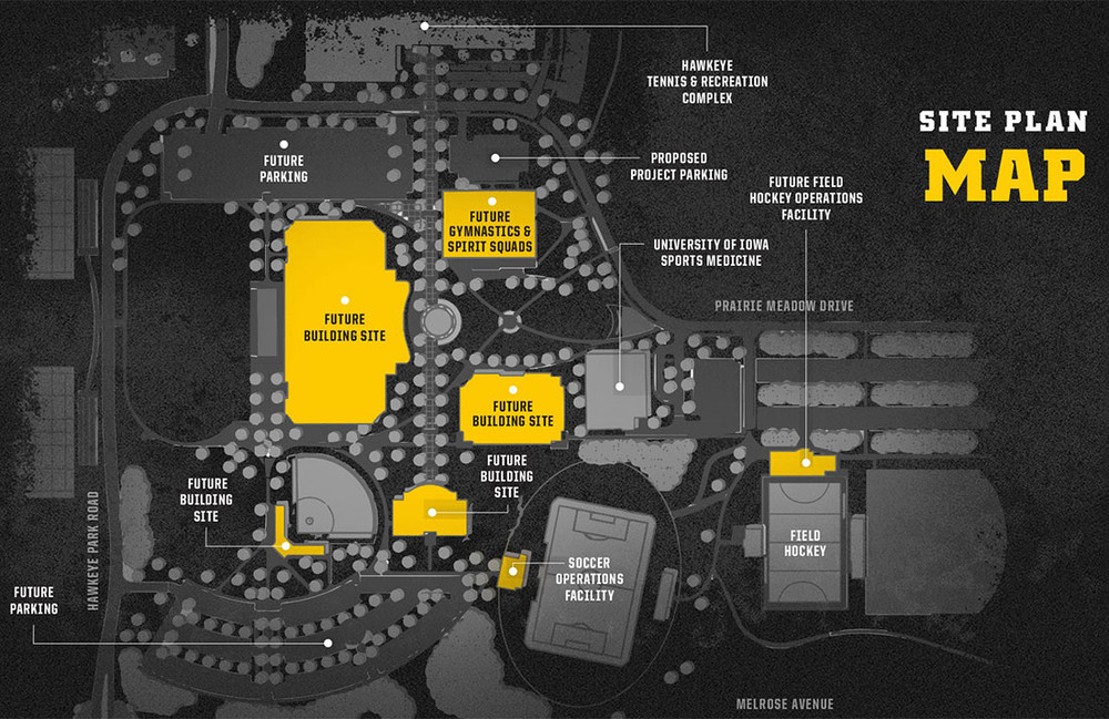 Black and white map showing future facility locations in gold